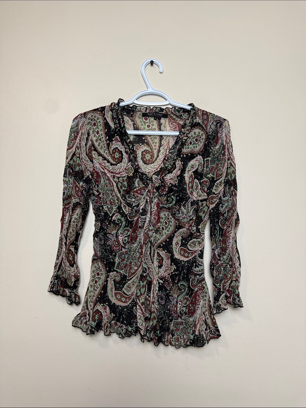 Y2k Violet & Claire Black Paisley Ruffle V-Neck Blouse size S